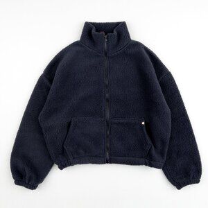 High Level HL Navy Sherpa Fleece Crop Zip up Jacket Warm Soft Fluffy Cozy